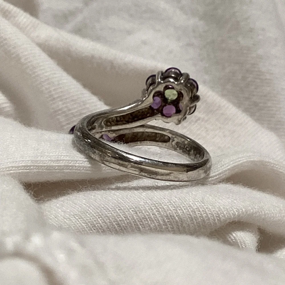 925 silver double flower Ring from Thailand💜💚vintage 70s